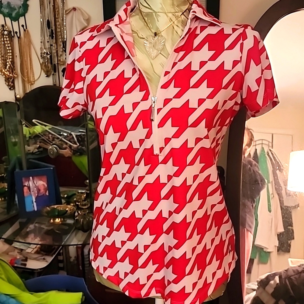 Like New Jofit Tipped Polo Lipstick Houndstooth, 1/2 Zip, Size S